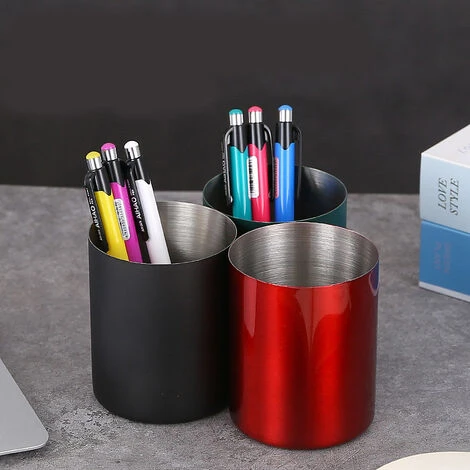 1pc Pot à Crayons Stylos,rangement Bureau Organisateur Rond En Métal Pour Bureau, école, Maison Et Enfants(rouge) – Image 2
