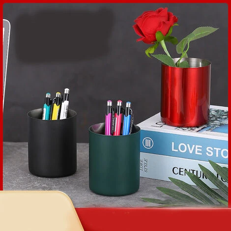 1pc Pot à Crayons Stylos,rangement Bureau Organisateur Rond En Métal Pour Bureau, école, Maison Et Enfants(rouge) – Image 4
