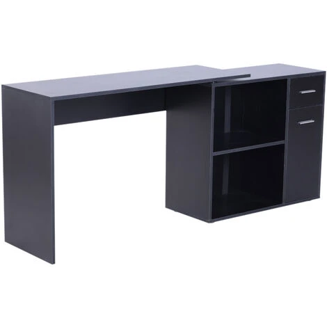HOMCOM Bureau Informatique Multimédia Modulable Multi-rangements Double Niche + Tiroir Panneaux Particules Noir – Image 2