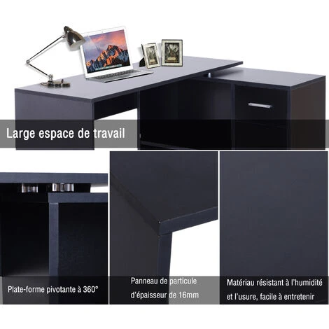 HOMCOM Bureau Informatique Multimédia Modulable Multi-rangements Double Niche + Tiroir Panneaux Particules Noir – Image 5