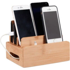 Relaxdays Station De Charge Bambou, Support Téléphone 6 Appareils, Boîte De Rangement Câbles En Bois, 9x17x13cm, Nature