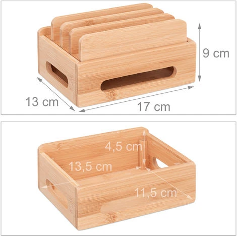 Relaxdays Station De Charge Bambou, Support Téléphone 6 Appareils, Boîte De Rangement Câbles En Bois, 9x17x13cm, Nature – Image 2