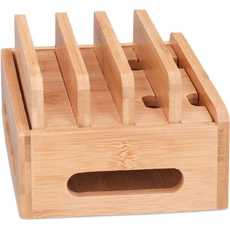 Relaxdays Station De Charge Bambou, Support Téléphone 6 Appareils, Boîte De Rangement Câbles En Bois, 9x17x13cm, Nature – Image 3
