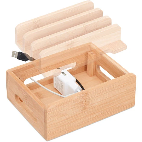 Relaxdays Station De Charge Bambou, Support Téléphone 6 Appareils, Boîte De Rangement Câbles En Bois, 9x17x13cm, Nature – Image 4