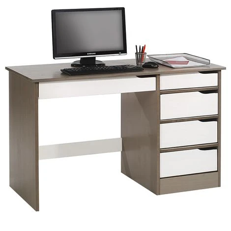 Bureau HUGO Avec Rangement 5 Tiroirs Style Scandinave En Pin Massif Lasuré Taupe Et Blanc