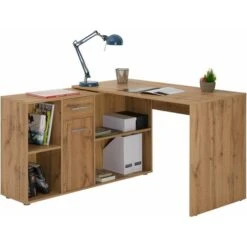 Bureau D'angle CARMEN Table Avec Meuble De Rangement Intégré Et Modulable Avec 4 étagères 1 Porte Et 1 Tiroir, Décor Chêne Sauvage