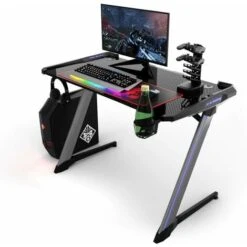 COSTWAY Bureau Gamer 120 CM, Bureau De Jeu Pour Gaming Avec Tapis De Souris,6 Lumières RGB, 2 Porte-Ecouteurs,Support De Poignée Avec Interface USB 5V