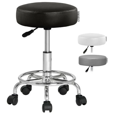 Tabouret à Roulettes Siège Rembourré Pivotant 360° Hauteur Réglable Noir Blanc Noir