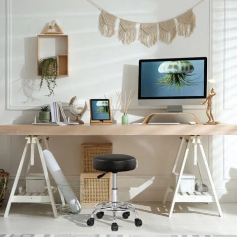 Tabouret à Roulettes Siège Rembourré Pivotant 360° Hauteur Réglable Noir Blanc Noir – Image 3