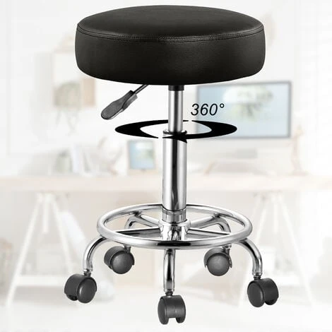 Tabouret à Roulettes Siège Rembourré Pivotant 360° Hauteur Réglable Noir Blanc Noir – Image 5