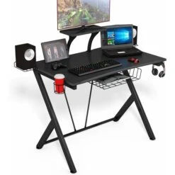 COSTWAY Bureau Gaming Bureau De Jeu Pour Gamer Avec Tablette,Pieds En Y Inversé,1 Porte-gobelet,3 Crochets 106 X 60 X 98CM Noir