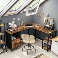 VASAGLE Bureau D'angle, Avec Caisson à Dossiers Suspendus, 2 étagères, 137 X 150 X 75 Cm, Cadre En Acier, Style Industriel, Par SONGMICS LWD75X