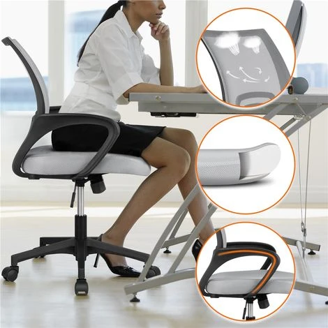 Yaheetech Chaise De Bureau Ergonomique Maille Fauteuil Ordinateur à Roulettes Inclinable Pivotant Siège Et Base Plus Larges Hauteur Réglable Avec Accoudoirs Gris Clair – Image 3