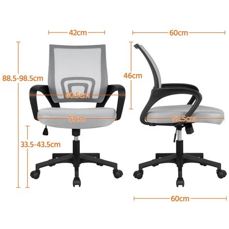 Yaheetech Chaise De Bureau Ergonomique Maille Fauteuil Ordinateur à Roulettes Inclinable Pivotant Siège Et Base Plus Larges Hauteur Réglable Avec Accoudoirs Gris Clair – Image 5