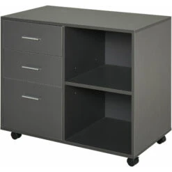 HOMCOM Support D'imprimante Organiseur Bureau Caisson 3 Tiroirs + 2 Niches + Grand Plateau Panneaux Particules Gris
