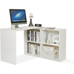 Bureau D'angle Avec Rangement, 4 Étagères, Angulaire Réversible, Bureau Informatique, Bois, Blanc-Mondeer