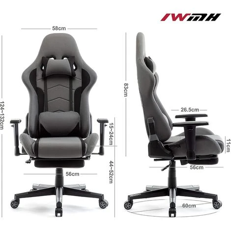 Chaise Gaming Avec Repos-pieds - Fauteuil Gaming Chaise De Bureau Ergonomique - Siège Pivotant - Gris - IntimaTe WM Heart – Image 2