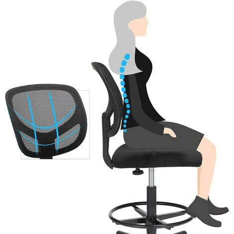 Tabouret Avec Repose-pieds Circulaire Hauteur Réglable Siège Ergonomique Rotatif Fauteuil De Bureau Sans Accoudoirs Revêtement De L'assise En Tissu Charge Maximale 120 Kg Noir – Image 2
