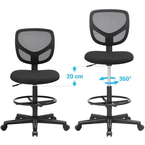 Tabouret Avec Repose-pieds Circulaire Hauteur Réglable Siège Ergonomique Rotatif Fauteuil De Bureau Sans Accoudoirs Revêtement De L'assise En Tissu Charge Maximale 120 Kg Noir – Image 3