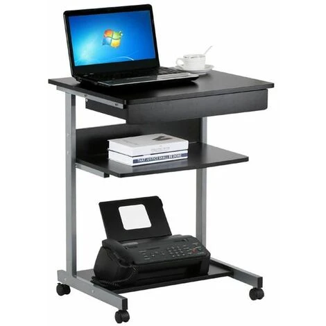 Yaheetech Bureau Ordinateur Roulant Table Informatique Poste De Travail /1 Tiroir Et 2 Etagères / 56 X 51 X 79 Cm Noir