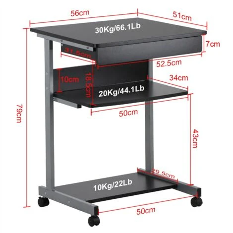 Yaheetech Bureau Ordinateur Roulant Table Informatique Poste De Travail /1 Tiroir Et 2 Etagères / 56 X 51 X 79 Cm Noir – Image 3