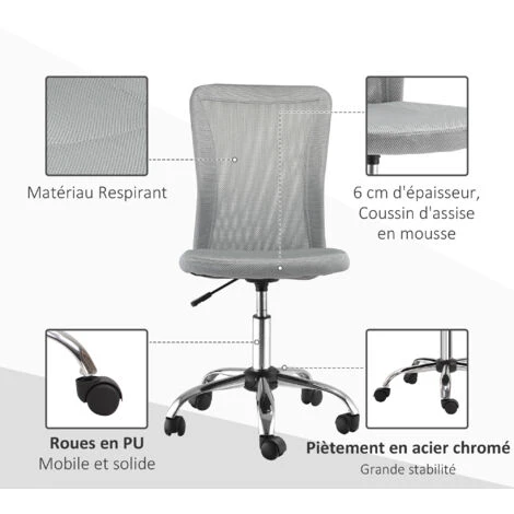 Vinsetto Chaise De Bureau Ergonomique Hauteur Réglable Piètement Chromé Pivotant 360° Revêtement Maille Gris – Image 4