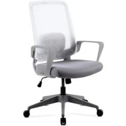 Chaise De Bureau Avec Roulettes, Chaise De Bureau Ergonomique A Hauteur Reglable, Chaise D'ordinateur Avec Accoudoirs, Chaise Pivotante Avec Dossier Inclinable Et Coussin Lombaire, Blanche