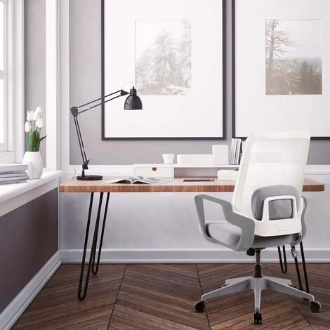 Chaise De Bureau Avec Roulettes, Chaise De Bureau Ergonomique A Hauteur Reglable, Chaise D'ordinateur Avec Accoudoirs, Chaise Pivotante Avec Dossier Inclinable Et Coussin Lombaire, Blanche – Image 2