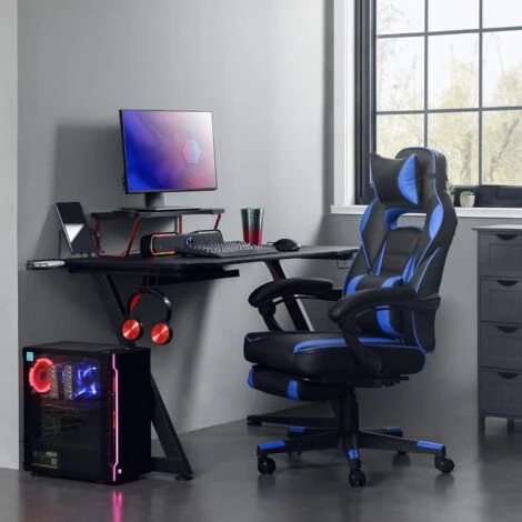 Songmics Fauteuil Gamer, Chaise Gaming, Siège De Bureau Réglable, Avec Repose-pieds Télescopique, Ergonomique, Mécanisme Basculent, Appui-tête, Support Lombaire, Charge 150 Kg, Noir Et Bleu OBG073B04 – Image 2