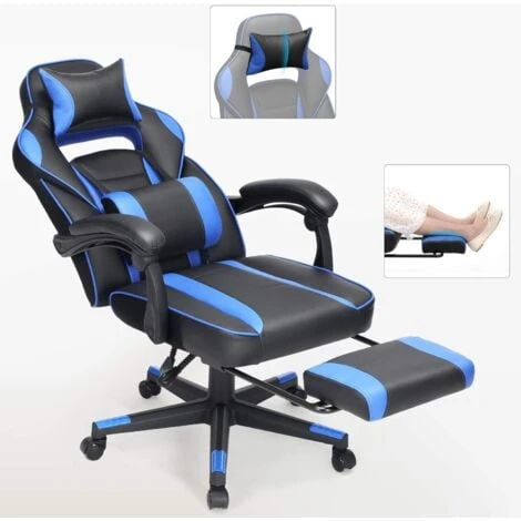 Songmics Fauteuil Gamer, Chaise Gaming, Siège De Bureau Réglable, Avec Repose-pieds Télescopique, Ergonomique, Mécanisme Basculent, Appui-tête, Support Lombaire, Charge 150 Kg, Noir Et Bleu OBG073B04 – Image 3