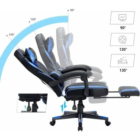 Songmics Fauteuil Gamer, Chaise Gaming, Siège De Bureau Réglable, Avec Repose-pieds Télescopique, Ergonomique, Mécanisme Basculent, Appui-tête, Support Lombaire, Charge 150 Kg, Noir Et Bleu OBG073B04 – Image 4