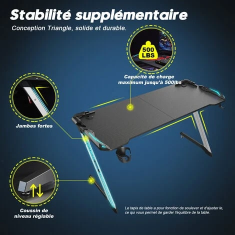 SIRHONA Bureau Gamer Bureau De Jeu Avec Porte-gobelet CĂąble Rangement Et Crochet Pour Casque Table De Gaming Noir 140x60x75 Cm â Image 4