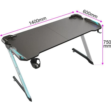 SIRHONA Bureau Gamer Bureau De Jeu Avec Porte-gobelet CĂąble Rangement Et Crochet Pour Casque Table De Gaming Noir 140x60x75 Cm â Image 5