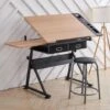 Table De Dessin Inclinable 2 Tiroirs, Tabouret Noir, Hauteur Reglable 80-125 Cm, Bureau à Dessin D'artisanat, Cadre En Métal