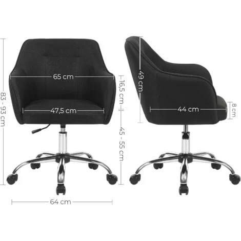 Songmics Fauteuil De Bureau, Chaise Pivotante Confortable, Siège Ergonomique, Réglable En Hauteur, Charge 120 Kg, Cadre En Acier, Tissu Imitation Lin, Pour Bureau, Noir OBG019B01 – Image 5