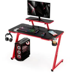 Bureau Gaming, Bureau D'Ordinateur Grand Pour Gamer, En Fibre De Carbone, Support Poignée, Ecouteurs Rotatif, Porte Gobelet - IntimaTe WM Heart