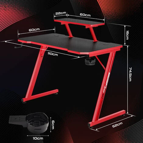 Bureau Gaming, Bureau D'Ordinateur Grand Pour Gamer, En Fibre De Carbone, Support Poignée, Ecouteurs Rotatif, Porte Gobelet - IntimaTe WM Heart – Image 3