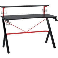 HOMCOM Bureau Gaming Bureau Gamer Bureau Informatique Bracket Casque Enceintes Porte-gobelet Grand Plateau MDF + étagère écran Châssis Métal Rouge Noir