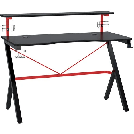 HOMCOM Bureau Gaming Bureau Gamer Bureau Informatique Bracket Casque Enceintes Porte-gobelet Grand Plateau MDF + étagère écran Châssis Métal Rouge Noir