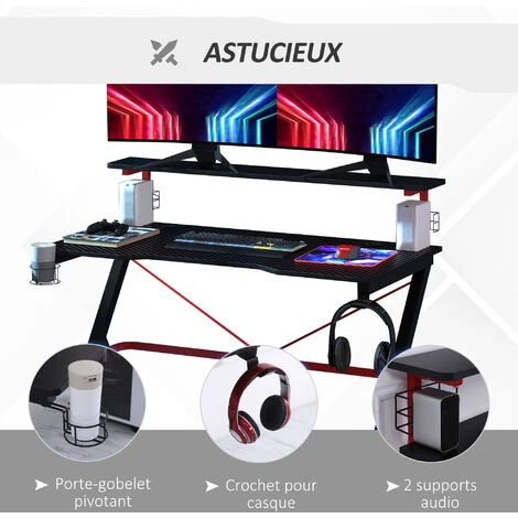 HOMCOM Bureau Gaming Bureau Gamer Bureau Informatique Bracket Casque Enceintes Porte-gobelet Grand Plateau MDF + étagère écran Châssis Métal Rouge Noir – Image 4