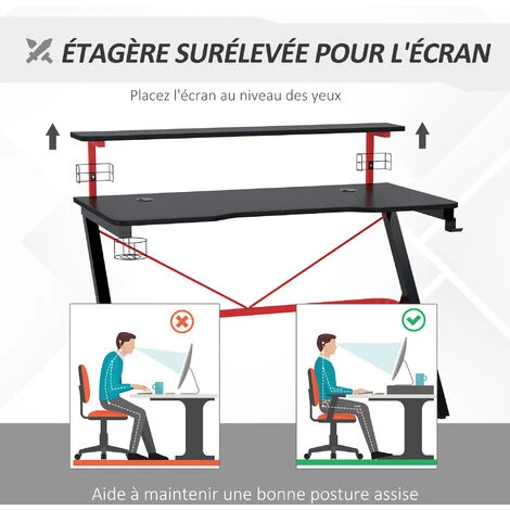 HOMCOM Bureau Gaming Bureau Gamer Bureau Informatique Bracket Casque Enceintes Porte-gobelet Grand Plateau MDF + étagère écran Châssis Métal Rouge Noir – Image 5