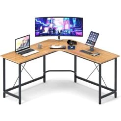 Soges Bureau Informatique Coin En Forme De L Table 150 + 150cm En Bois Pour Ordinateur Portable Station De Travail Avec Support CPU étude Table Pour Maison Et Bureau Chêne Et Noir, LD-Z01OK