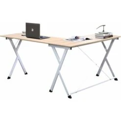 Soges Bureau Informatique En Forme L Table 120 + 110cm En Bois Pour Ordinateur Portable Grand Angle Station De Travail Avec Support CPU PC étude Table Workstation Gaming, érable Et Pieds Blancs, ZJ1-M
