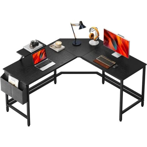 Soges Bureau Informatique Coin En Forme De L Table 150 + 150cm En Bois Pour Ordinateur Portable Station De Travail Avec Support CPU étude Table Pour Maison Et Bureau Noir Et Noir, LD-Z01
