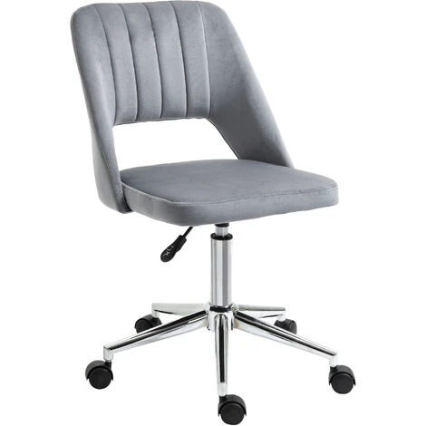 Chaise De Bureau Design Contemporain Dossier Ergonomique Ajouré Strié Hauteur Réglable Pivotante 360° Piètement Chromé Velours Gris