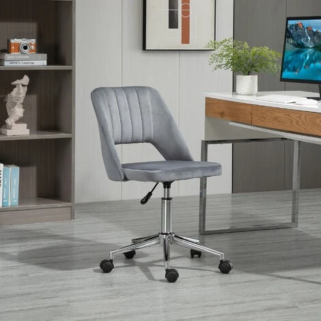 Chaise De Bureau Design Contemporain Dossier Ergonomique Ajouré Strié Hauteur Réglable Pivotante 360° Piètement Chromé Velours Gris – Image 2