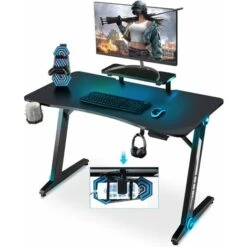 GOPLUS Bureau De Jeu Ergonomique Avec Lumieres RGB Et Moniteur, Bureau De Gaming Avec Porte-Gobelet, Crochet Pour Casque Pour PC Informatique En Fibre De Carbone, Convient A Chambre,Etude,Noir