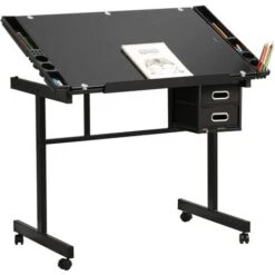 DlandHome Bureau Inclinable Table à Dessin Avec Plateau En Verre Trempé, Hauteur Réglablebureau , Avec 2 Tiroirs, Pour Beaux-Arts, Cours De Travail, Les Architectes, Ingénierie, 104 60 76-122 Cm, No