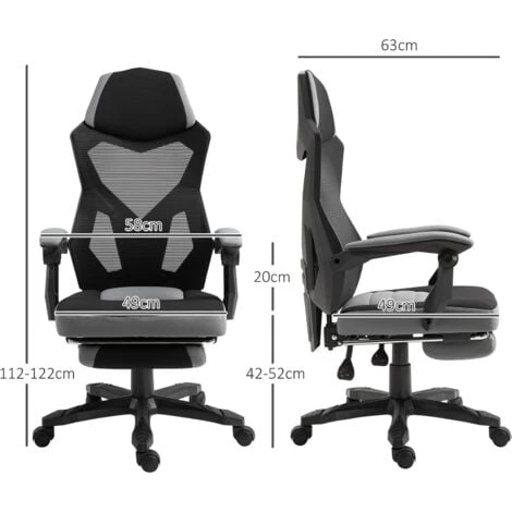 HOMCOM Fauteuil Gaming Chaise Gamer Dossier Et Hauteur Réglable Roulettes Pivotantes Repose-pied Tissu Maille Gris Noir – Image 3