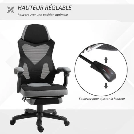 HOMCOM Fauteuil Gaming Chaise Gamer Dossier Et Hauteur Réglable Roulettes Pivotantes Repose-pied Tissu Maille Gris Noir – Image 4